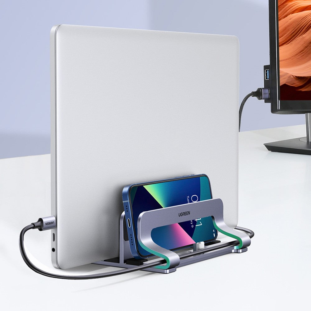 UGREEN 60643 Vertical Desktop Laptop Stand Dual Slot Aluminum Tablet Holder for MacBook Air Pro PC Anti-scratch Adjustable Notebook Rack with Silicone Pads