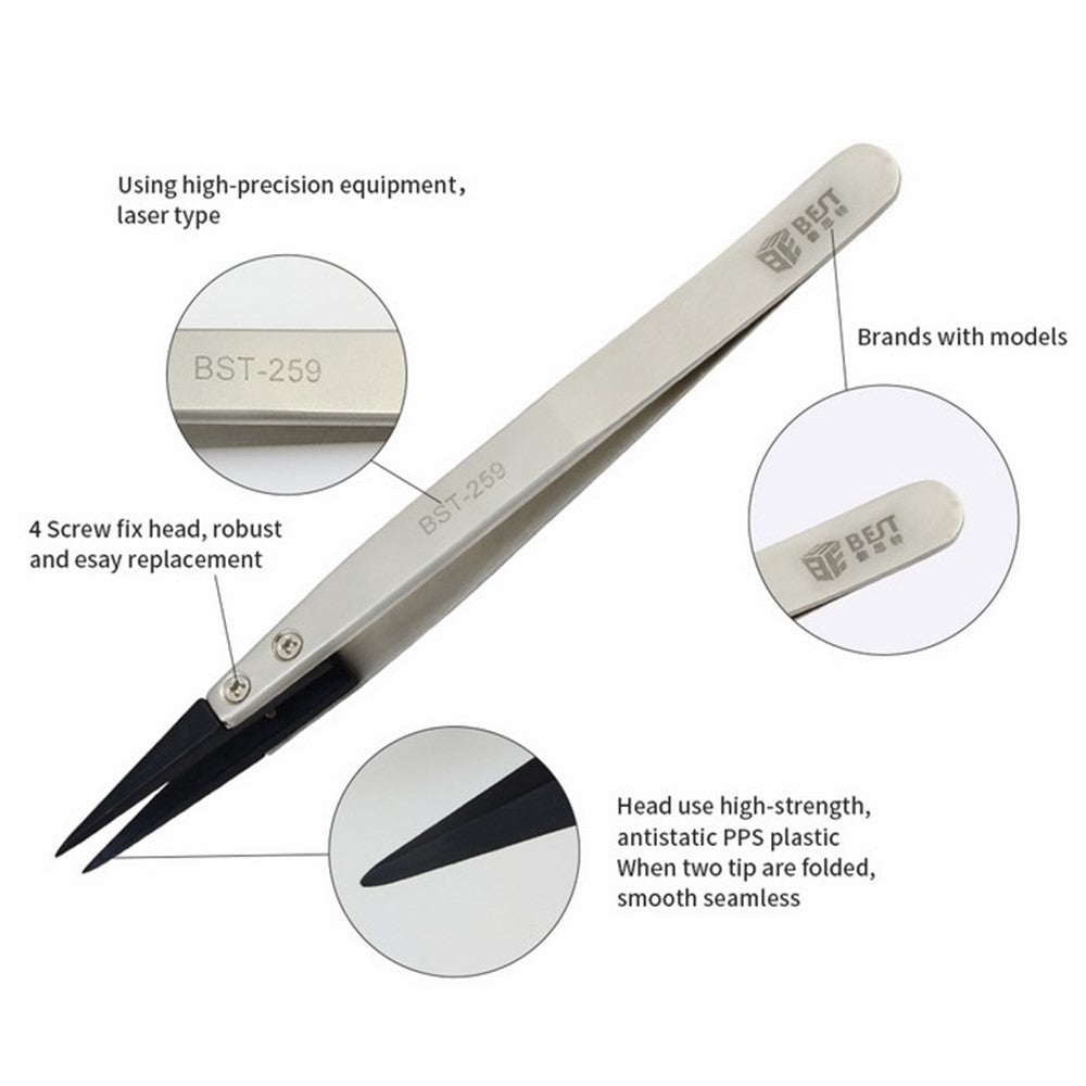 BEST BST-259A Stainless Steel Anti-static Fine Point Tweezers with Replaceable Tip
