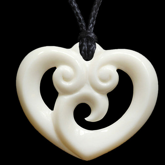 Koru Heart, hand crafted bone pendant