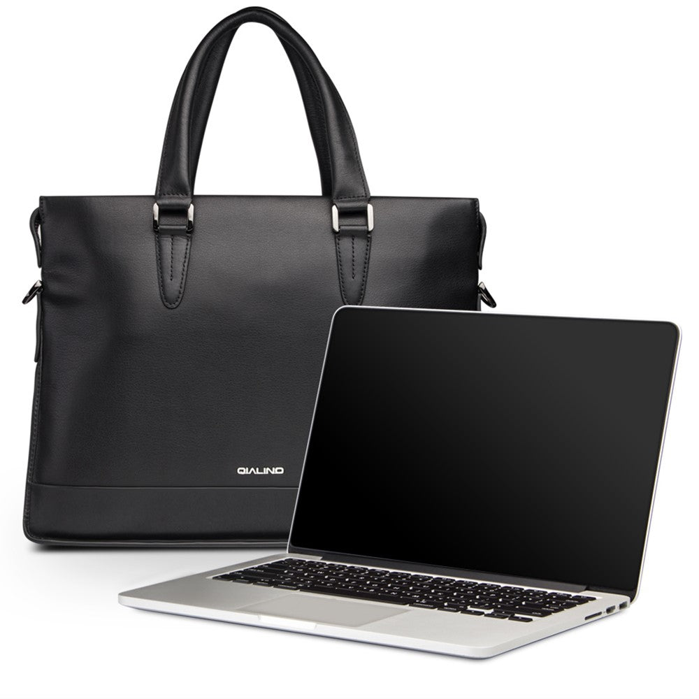 QIALINO For Universal 15 Inch Laptop Storage Bag Genuine Cow Leather Sleeve Case with Detachable Shoulder Strap