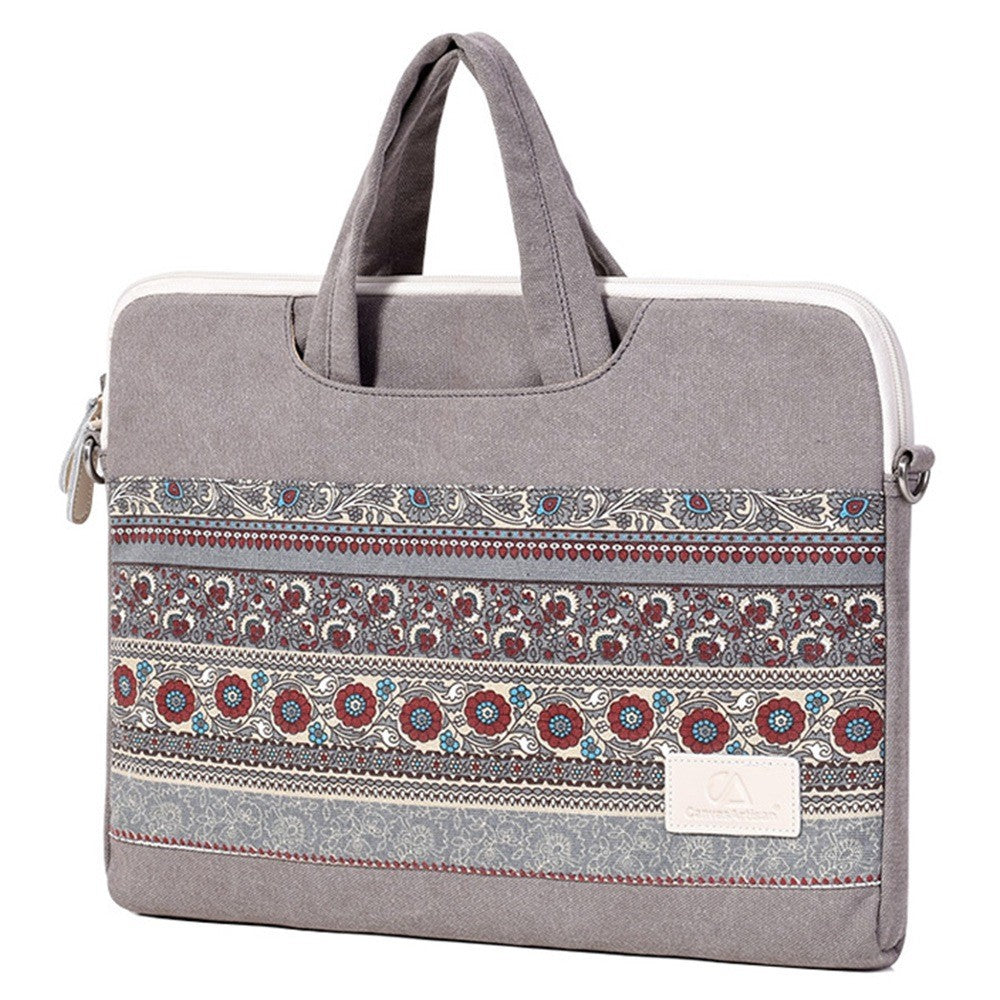 CANVASARTISAN T38-5 Laptop Bag 15-inch National Style Pattern Computer Canvas Fabric Briefcase Sleeve with Shoulder Strap