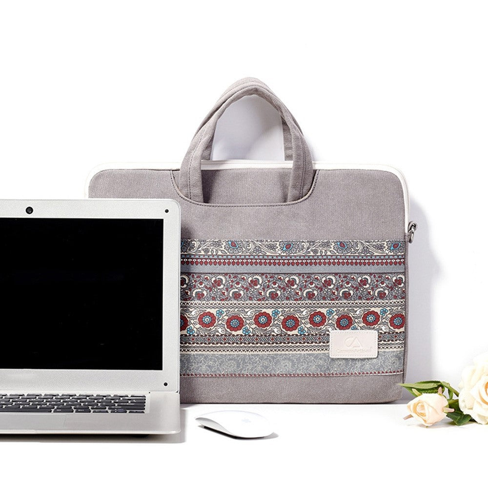 CANVASARTISAN T38-5 Laptop Bag 15-inch National Style Pattern Computer Canvas Fabric Briefcase Sleeve with Shoulder Strap