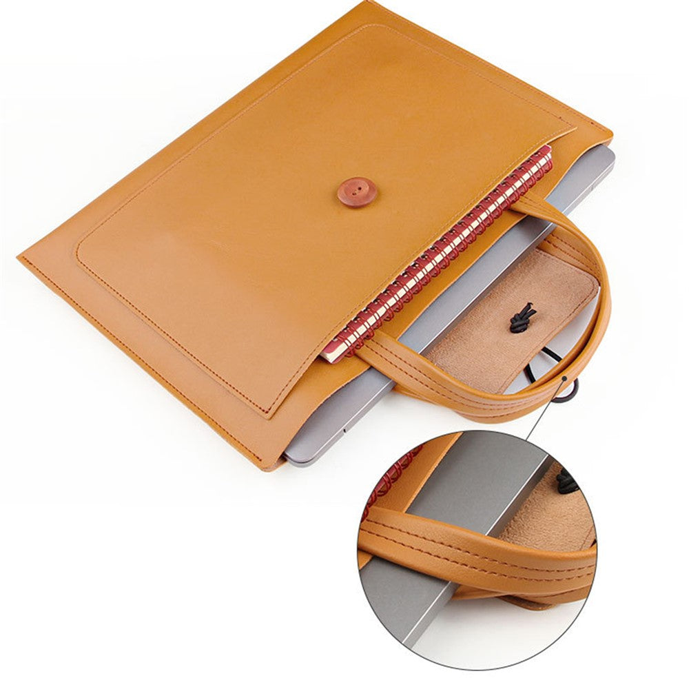 14-inch Laptop Handbag Wooden Buckle PU Leather Notebook Carrying Bag