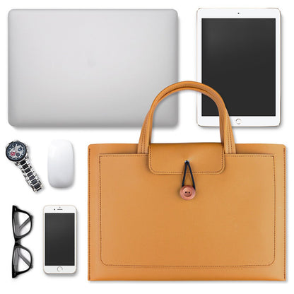 14-inch Laptop Handbag Wooden Buckle PU Leather Notebook Carrying Bag
