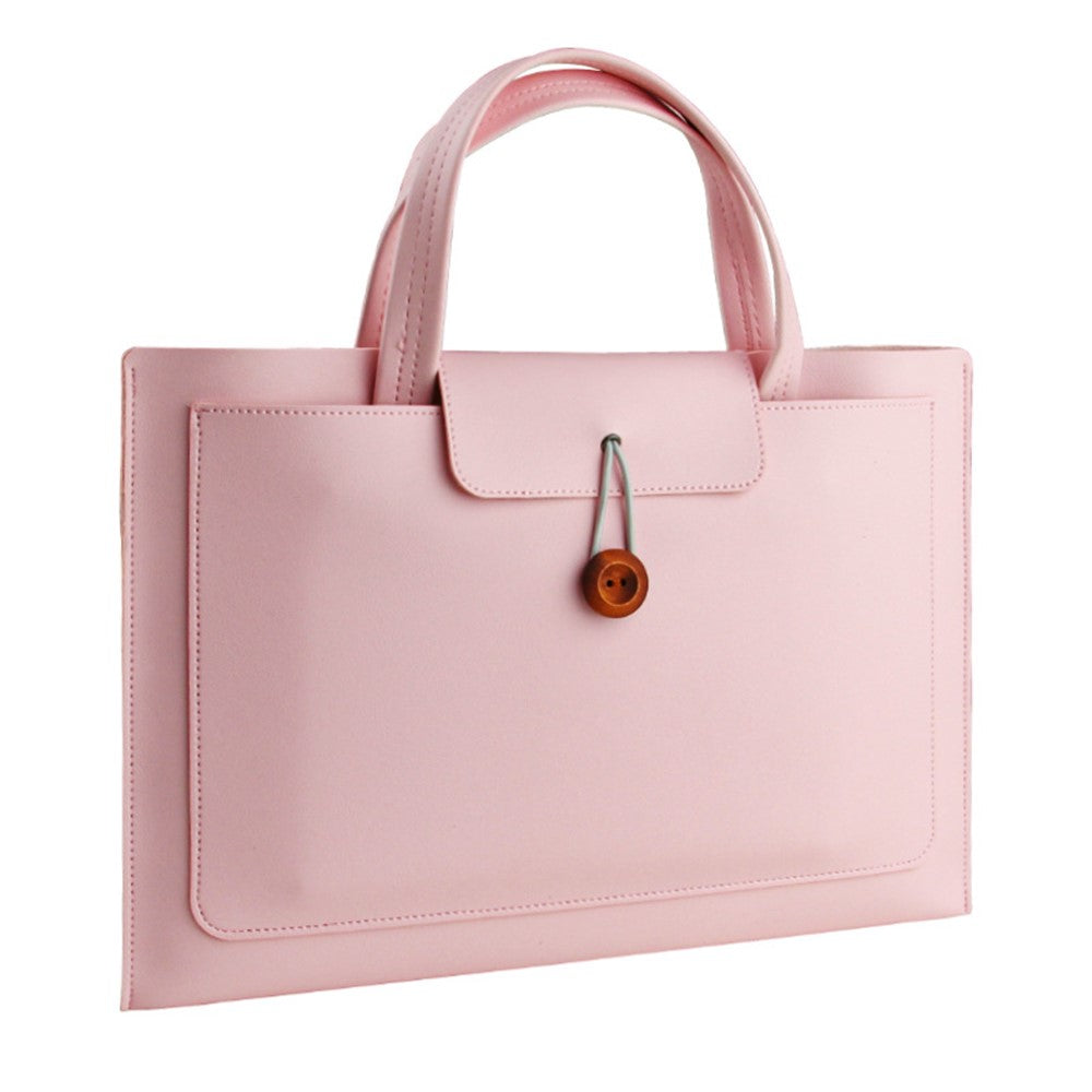16-inch PU Leather Laptop Handbag Wooden Buckle Anti-scratch Notebook Bag