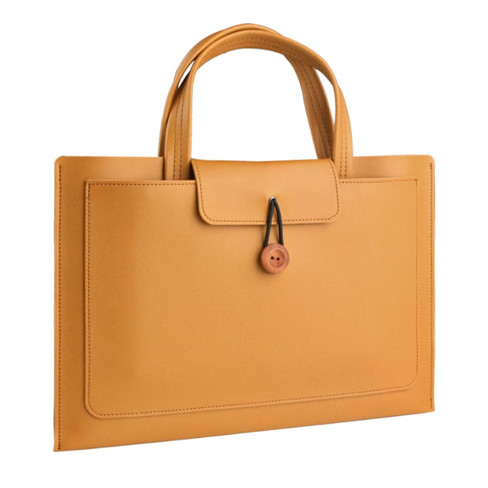 16-inch PU Leather Laptop Handbag Wooden Buckle Anti-scratch Notebook Bag