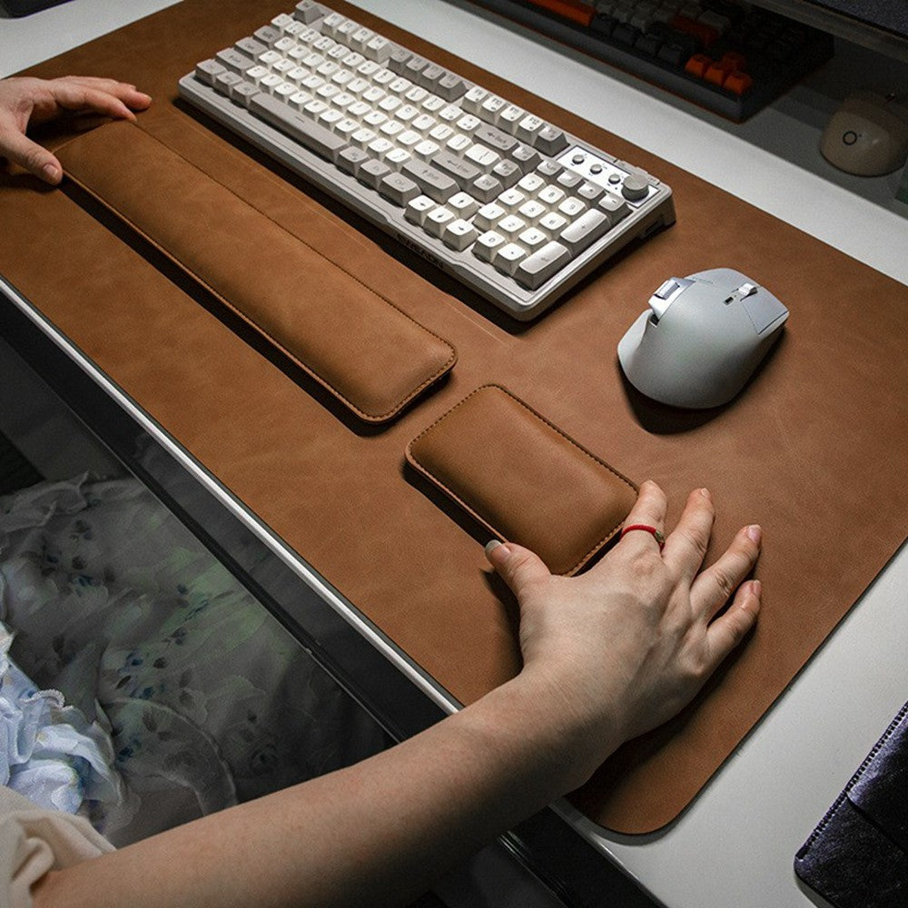 3Pcs  /  Set 90 x 40cm Crazy Horse Texture Leather Mouse Pad Ergonomic Support Memory Foam Keyboard Wrist Rest Set