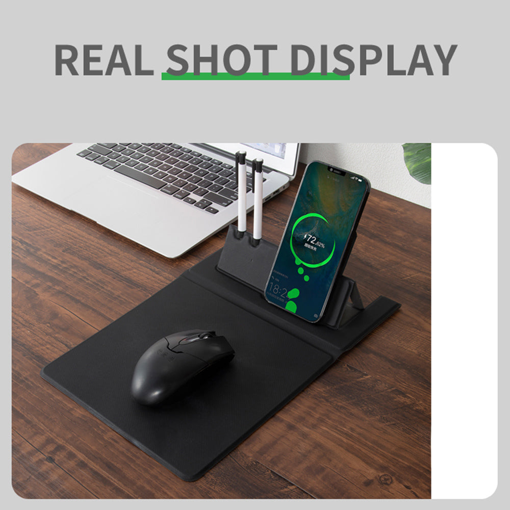 15W Fast Wireless Charging Non Slip PU Leather Mouse Pad with Pen Holder for Home Office