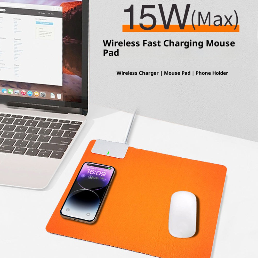 Wireless Charging Mouse Pad 15W Fast Charge Integrated Phone Stand PU Leather Desk Mat