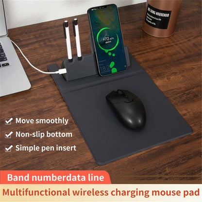 Foldable PU Leather Laptop Mouse Pad 15W Wireless Phone Charger with Pen Holder