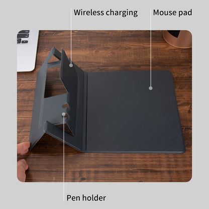 Foldable PU Leather Laptop Mouse Pad 15W Wireless Phone Charger with Pen Holder