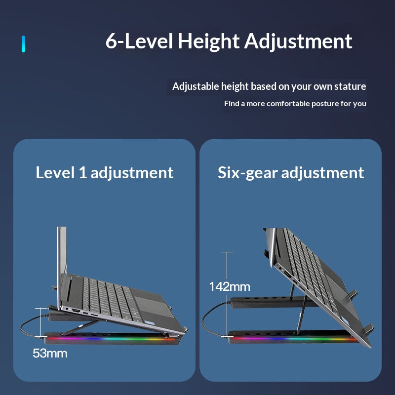 6 Heights Adjustable Laptop Stand with RGB Backlit Aluminum Alloy USB Hub Foldable Notebook Riser Bracket