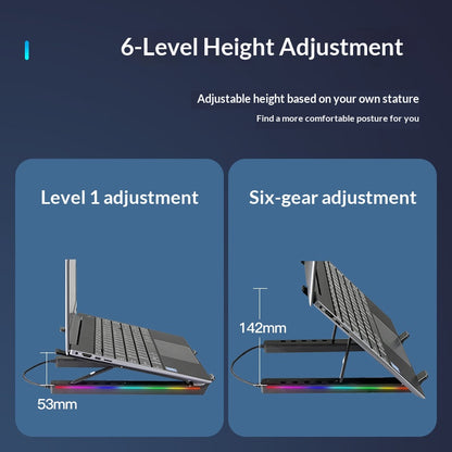 6 Heights Adjustable Laptop Stand with RGB Backlit Aluminum Alloy USB Hub Foldable Notebook Riser Bracket