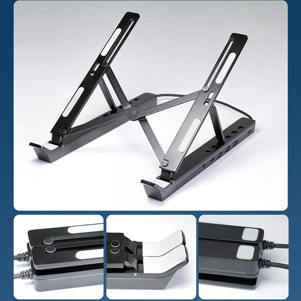 6 Heights Adjustable Laptop Stand with RGB Backlit Aluminum Alloy USB Hub Foldable Notebook Riser Bracket