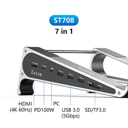 BLUEENDLESS ST708 7 in 1 Laptop Stand Riser Type-C Hub with 4K 60Hz HD + PD 100W + 3 USB 3.0 + TF Card Reader
