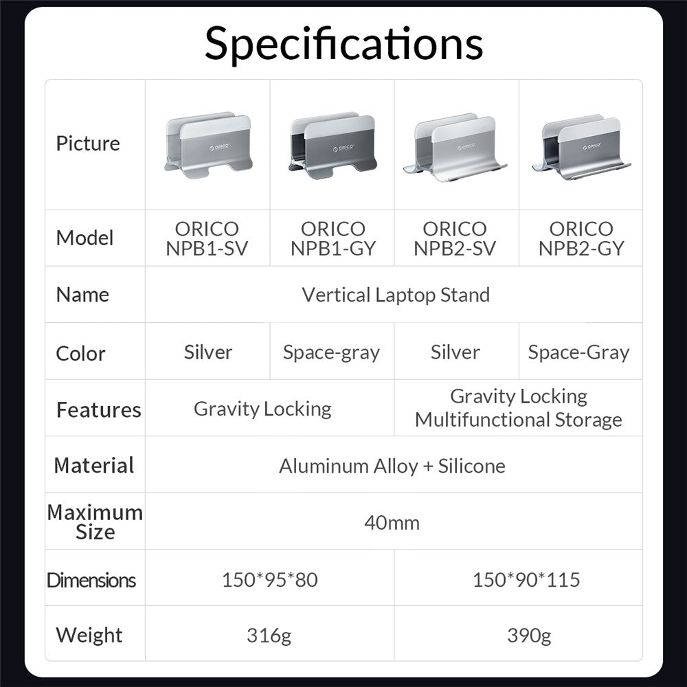 ORICO ORICO-NPB2 Notebook Vertical Aluminum Alloy Bracket Desktop Laptop Holder Stand