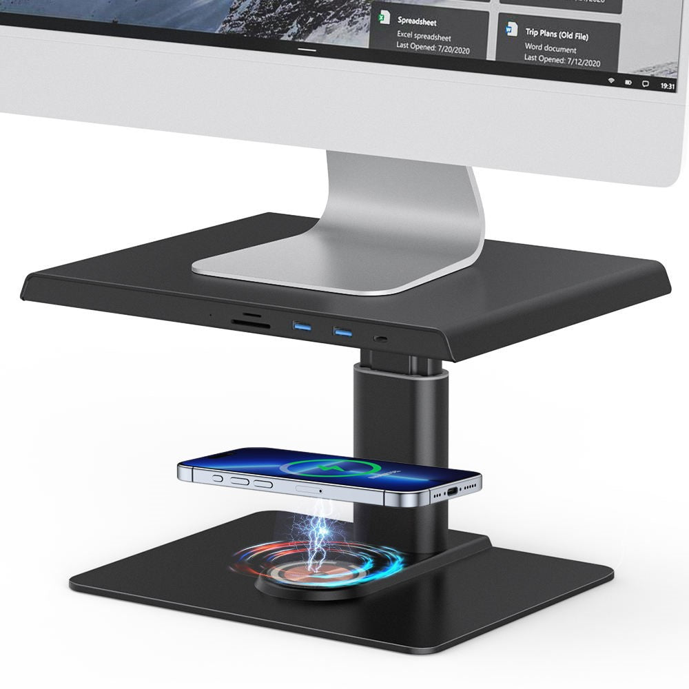 Z10Q Aluminum Alloy Computer Monitor Stand Riser USB Hub Docking Station Wireless Charger