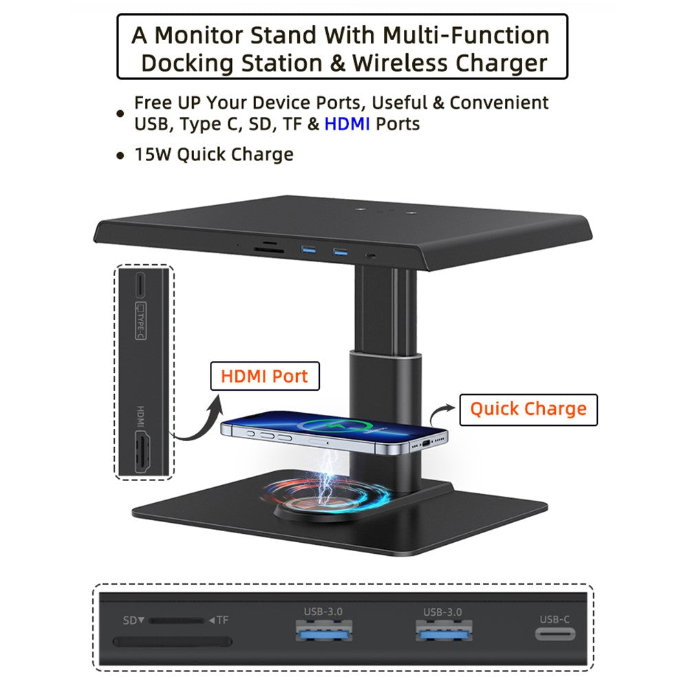 Z10Q Aluminum Alloy Computer Monitor Stand Riser USB Hub Docking Station Wireless Charger
