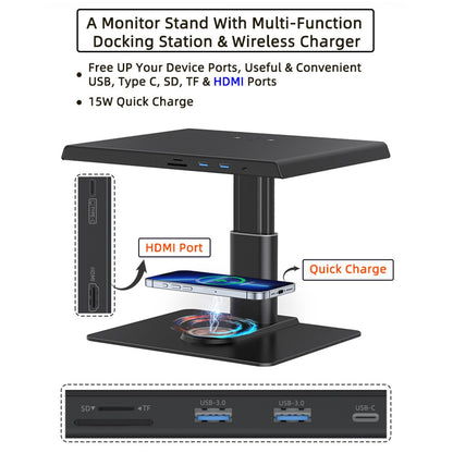 Z10Q Aluminum Alloy Computer Monitor Stand Riser USB Hub Docking Station Wireless Charger