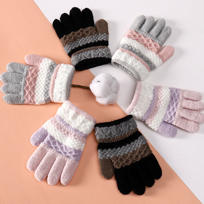 1 Pair Knitted Gloves for 3-6 Years Kids Striped Full Fingers Knitted Warm Gloves Winter Mittens
