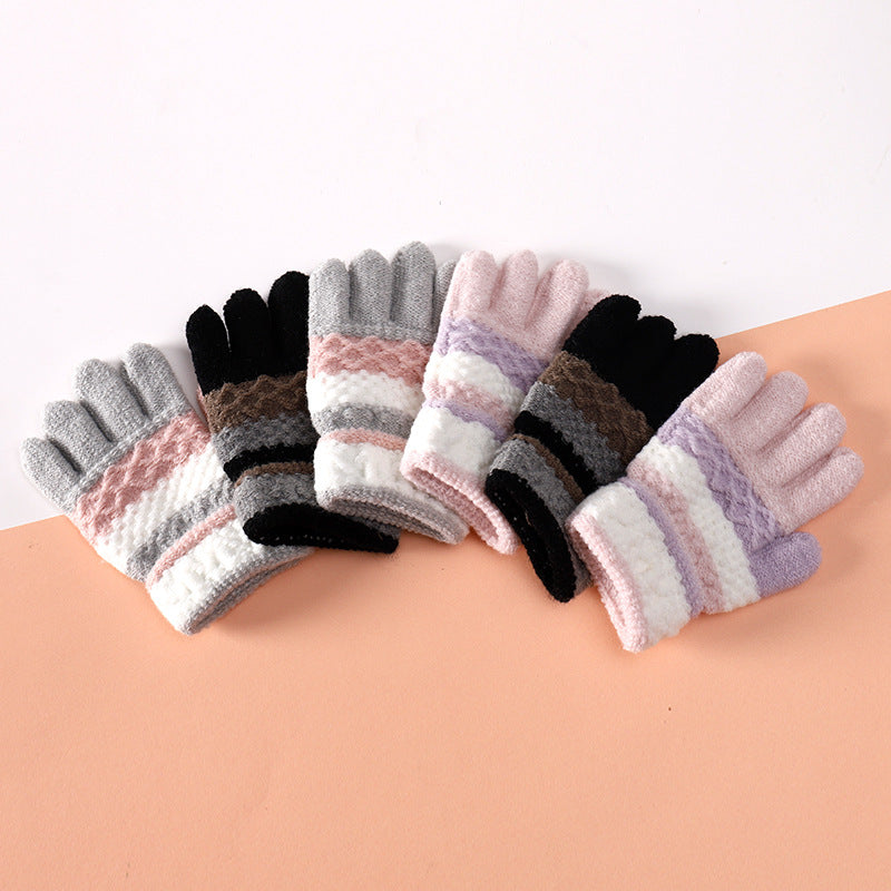 1 Pair Knitted Gloves for 3-6 Years Kids Striped Full Fingers Knitted Warm Gloves Winter Mittens