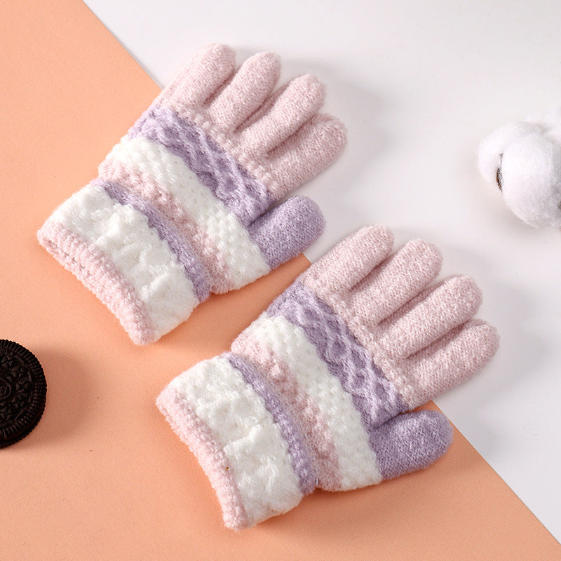 1 Pair Knitted Gloves for 3-6 Years Kids Striped Full Fingers Knitted Warm Gloves Winter Mittens