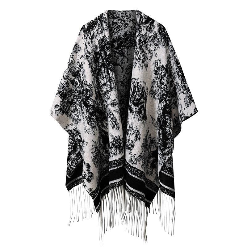 DWJ60 Ethnic Ink Painting Shawl Cape Multi-purpose Women Scarf with Tassels for Autumn Winter