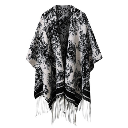 DWJ60 Ethnic Ink Painting Shawl Cape Multi-purpose Women Scarf with Tassels for Autumn Winter