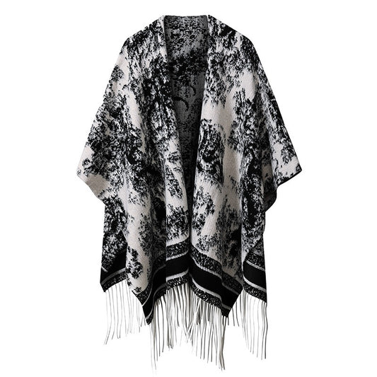 DWJ60 Ethnic Ink Painting Shawl Cape Multi-purpose Women Scarf with Tassels for Autumn Winter