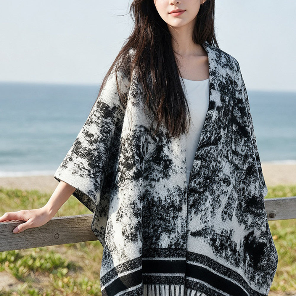 DWJ60 Ethnic Ink Painting Shawl Cape Multi-purpose Women Scarf with Tassels for Autumn Winter