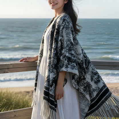 DWJ60 Ethnic Ink Painting Shawl Cape Multi-purpose Women Scarf with Tassels for Autumn Winter