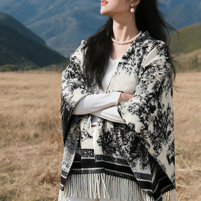DWJ60 Ethnic Ink Painting Shawl Cape Multi-purpose Women Scarf with Tassels for Autumn Winter