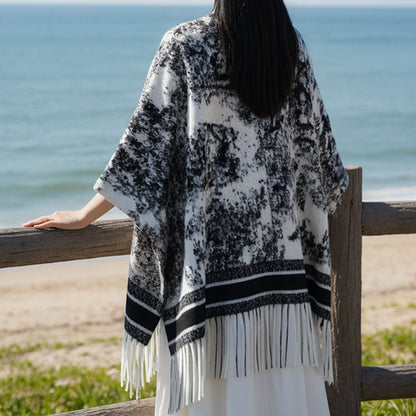 DWJ60 Ethnic Ink Painting Shawl Cape Multi-purpose Women Scarf with Tassels for Autumn Winter