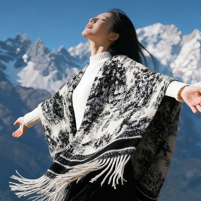 DWJ60 Ethnic Ink Painting Shawl Cape Multi-purpose Women Scarf with Tassels for Autumn Winter