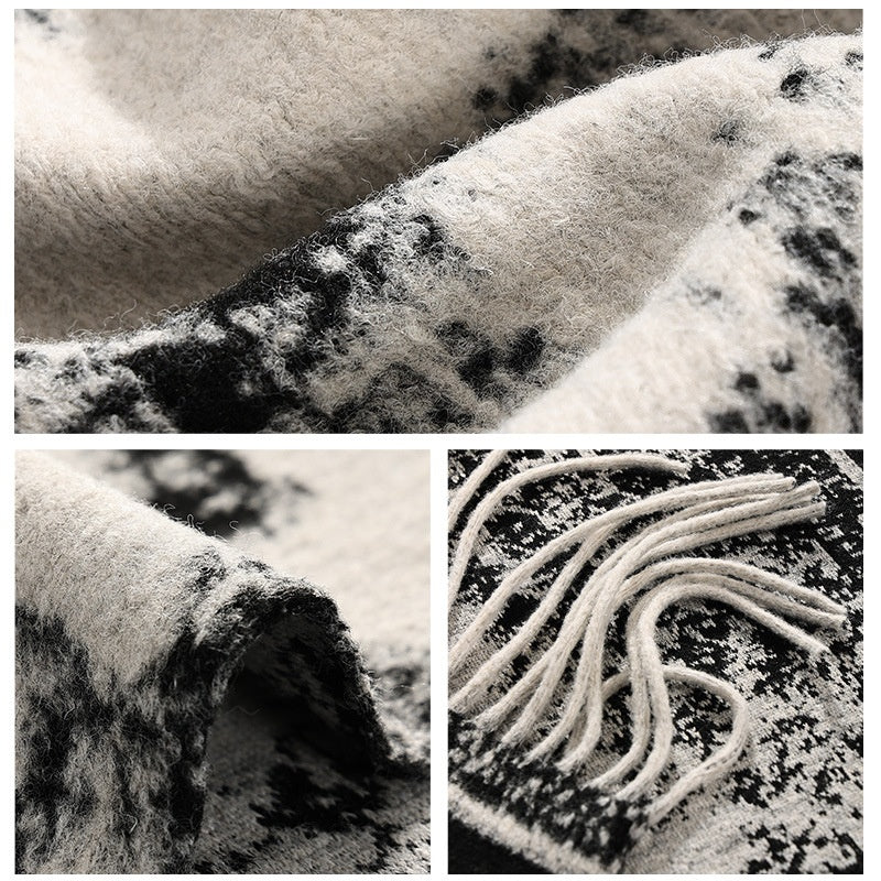DWJ60 Ethnic Ink Painting Shawl Cape Multi-purpose Women Scarf with Tassels for Autumn Winter