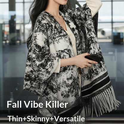 DWJ60 Ethnic Ink Painting Shawl Cape Multi-purpose Women Scarf with Tassels for Autumn Winter