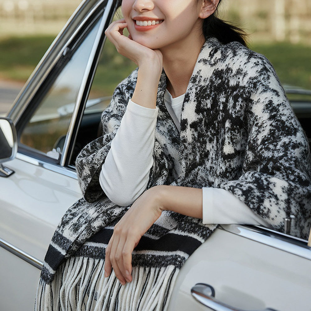 DWJ60 Ethnic Ink Painting Shawl Cape Multi-purpose Women Scarf with Tassels for Autumn Winter