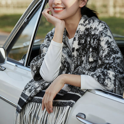 DWJ60 Ethnic Ink Painting Shawl Cape Multi-purpose Women Scarf with Tassels for Autumn Winter