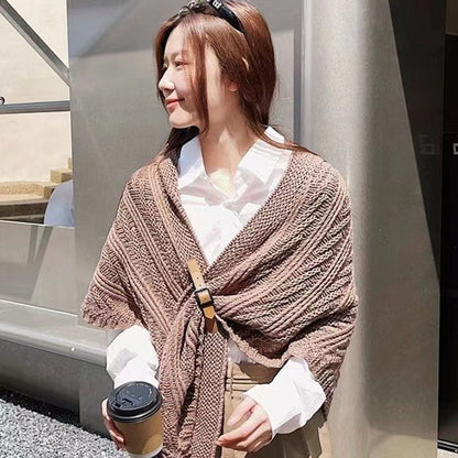 Solid Color Triangle Shawl Cape for Women Fashion Knitted Scarf Wrap with Leather Buckle