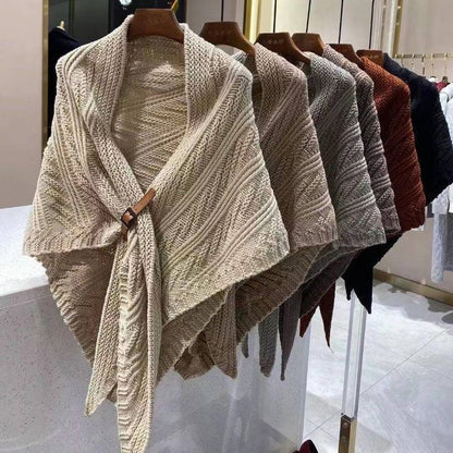 Solid Color Triangle Shawl Cape for Women Fashion Knitted Scarf Wrap with Leather Buckle
