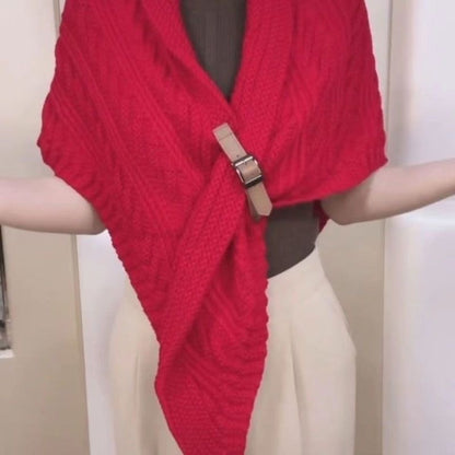 Solid Color Triangle Shawl Cape for Women Fashion Knitted Scarf Wrap with Leather Buckle