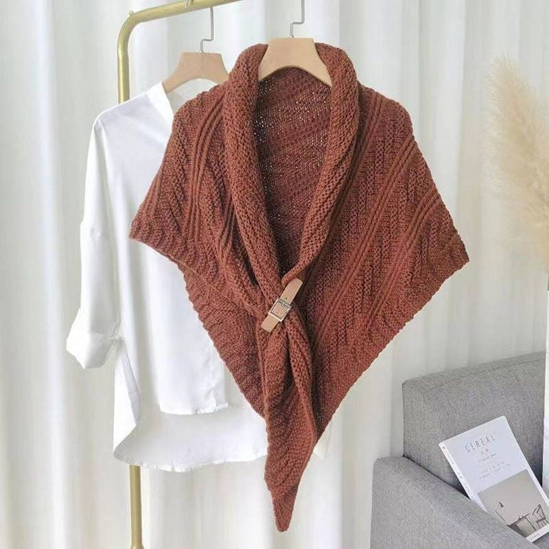 Solid Color Triangle Shawl Cape for Women Fashion Knitted Scarf Wrap with Leather Buckle