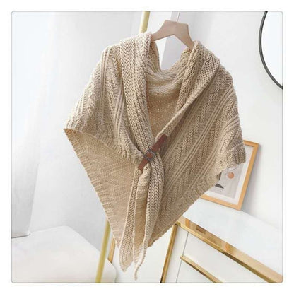 Solid Color Triangle Shawl Cape for Women Fashion Knitted Scarf Wrap with Leather Buckle