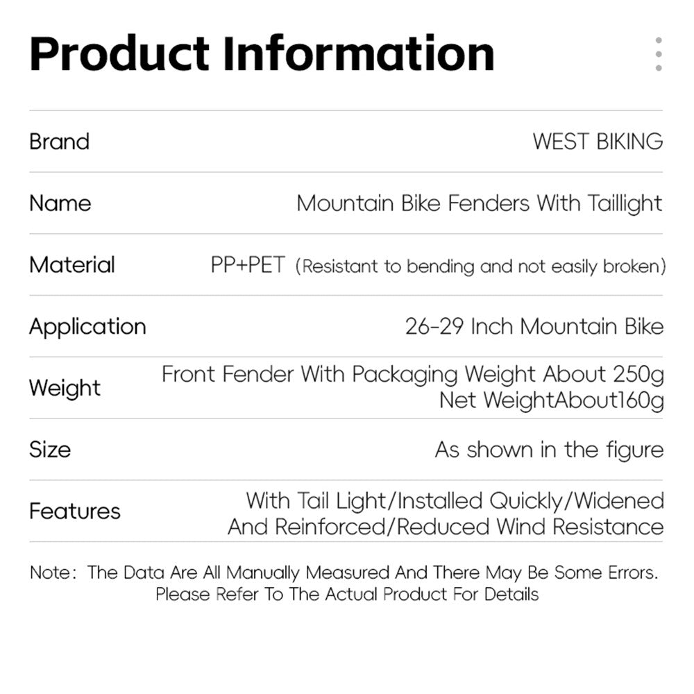 WEST BIKING YP0714029 Bicycle Fender with Taillight for 26-29 inch Mountain Bike Rear Mudguard