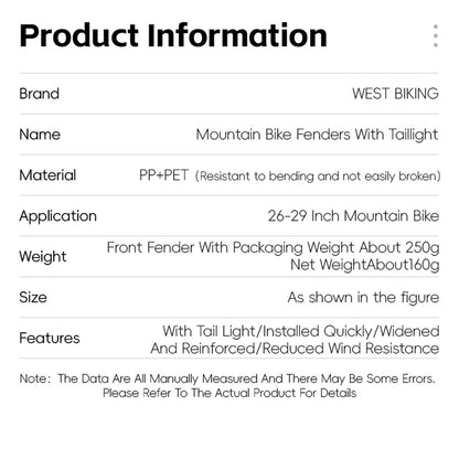 WEST BIKING YP0714029 Bicycle Fender with Taillight for 26-29 inch Mountain Bike Rear Mudguard