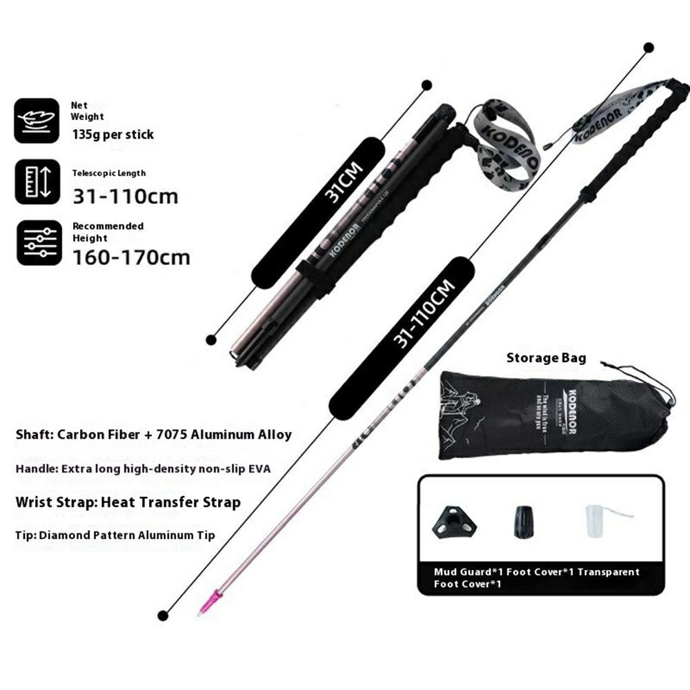 KODENOR 1Pc 110cm Trekking Pole Carbon Fiber + Aluminum Alloy Ultra Light 4-Section Foldable Hiking Stick