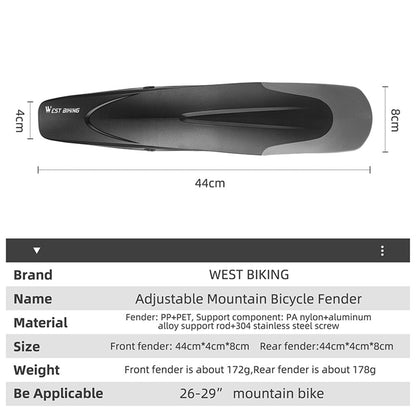 WEST BIKING YP0714025 Mountain Bike Rear  Fender with Adjustable Support Rods, Bicycle Fender for 26", 27.5", 29" Bikes