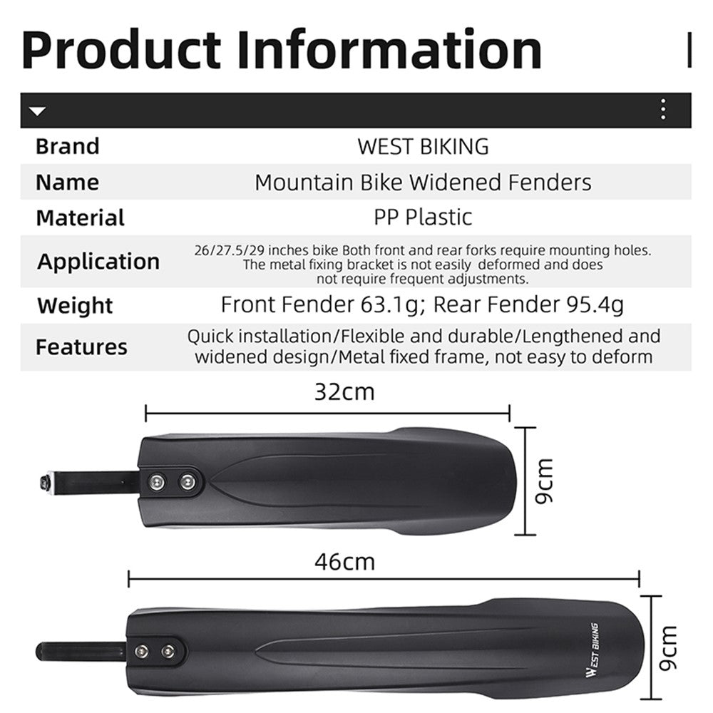 WEST BIKING YP0714027 1 Pair PP Front and Rear Mountain Bike Widened Fenders
