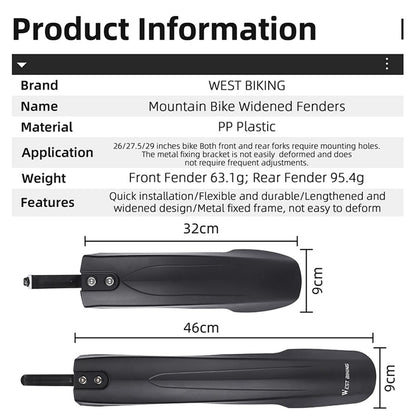 WEST BIKING YP0714027 1 Pair PP Front and Rear Mountain Bike Widened Fenders