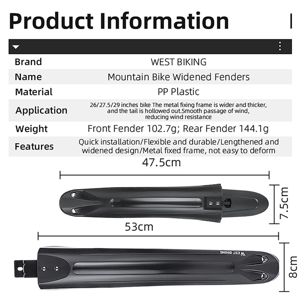 WEST BIKING YP0714028 1 Pair Arc Design Front and Rear Mountain Bike Widened Fenders